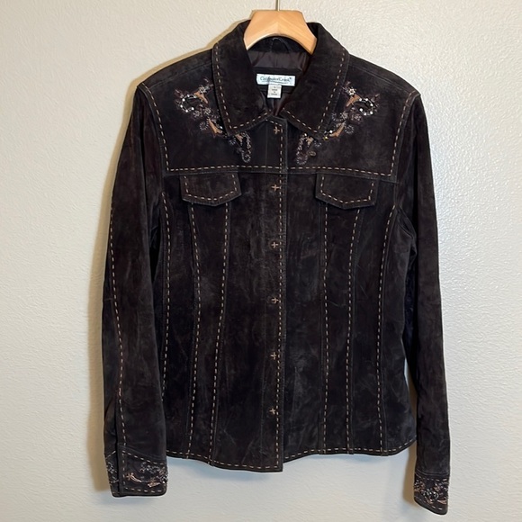 Coldwater Creek Dark Brown Leather Jacket with Embroidery - Picture 1 of 16